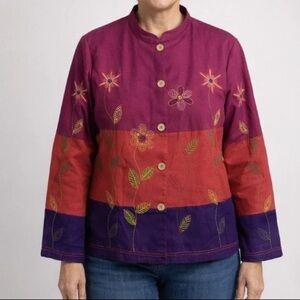 Coldwater Creek Embroidered Colorblock Mutli Color Utility Jacket Linen Blend